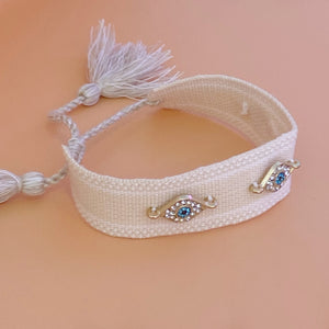 Pulsera tejida ojo turco color beige